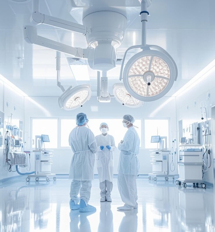 multidisciplinary team discussing patient care hospital room wideangle lens bright lighting professional environment_103740 14550